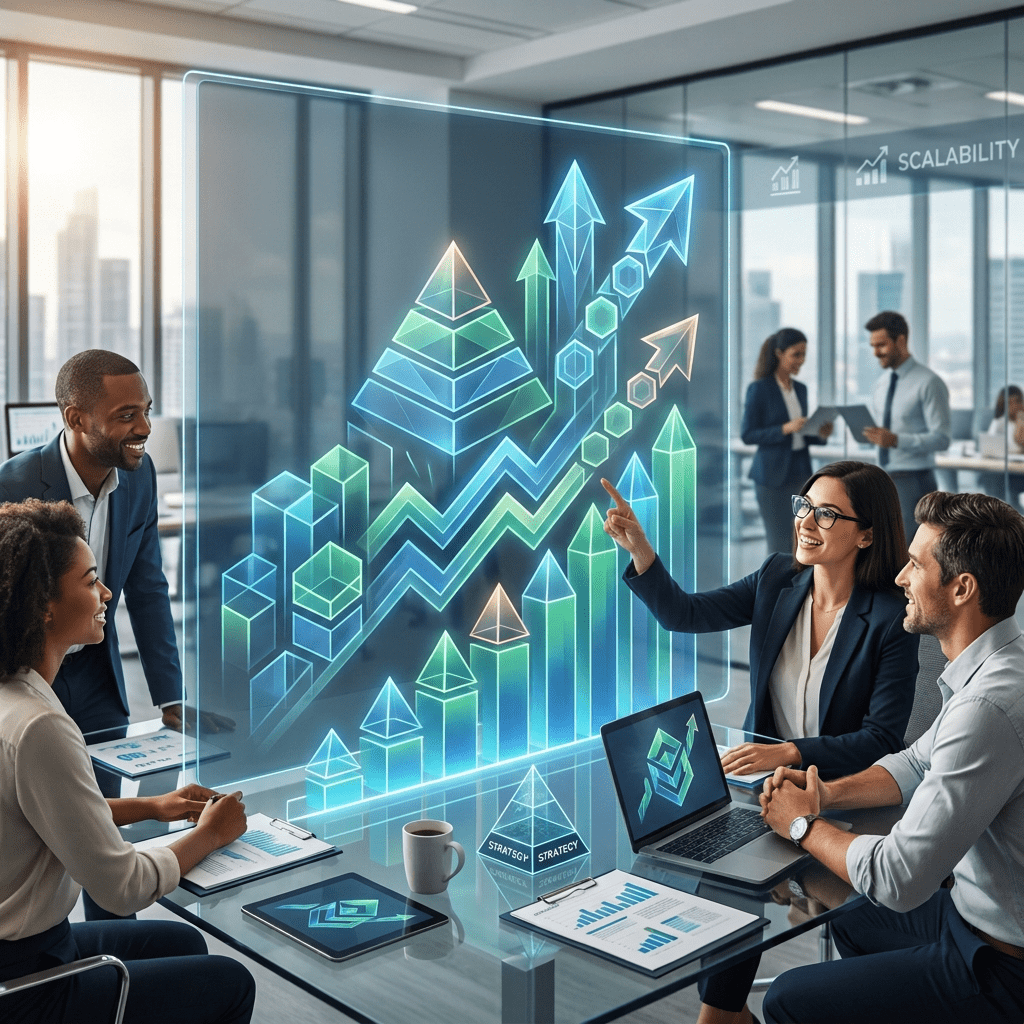 Value Driver Scorecard - Business team analyzing charts and graphs on screen showing growth and metrics