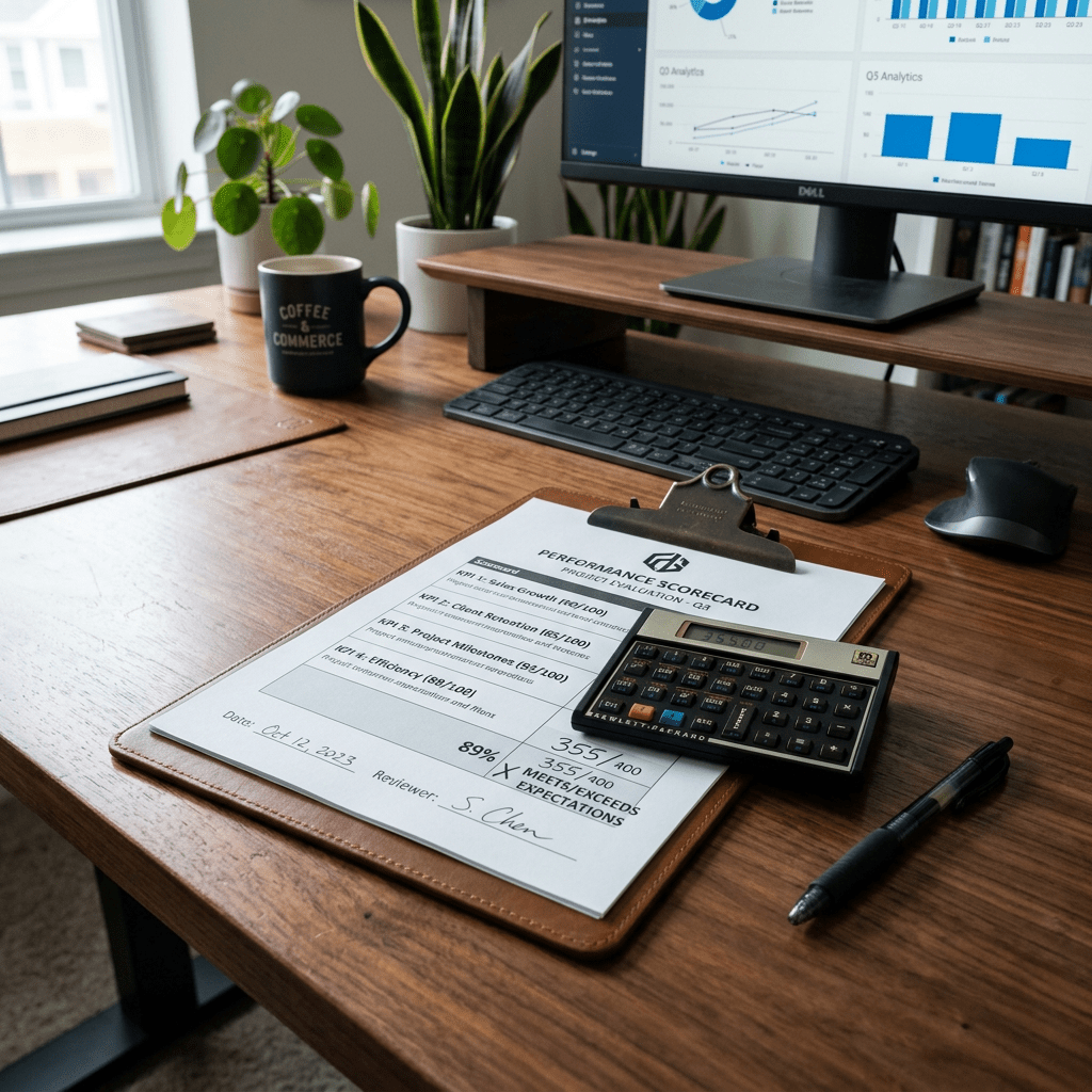 Value Driver Scorecard - Desk with performance scorecard on clipboard, calculator, pen, coffee mug, keyboard, and computer monitor showing analytics